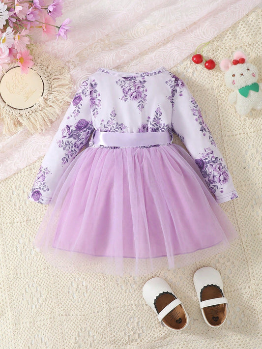 Baby Girl Floral Print Mesh Hem Dress