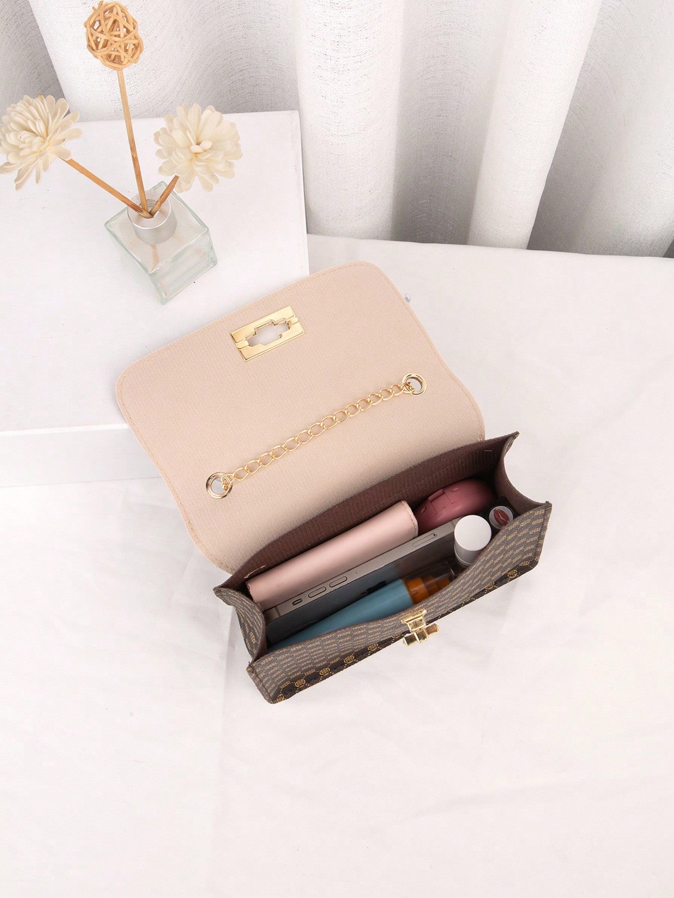 Mini Twilly Scarf Decor Turn Lock Square Bag Fashionable Multifunctional Crossbody Bag, Women Letter Detail Zipper Faux Leather Shoulder Bag