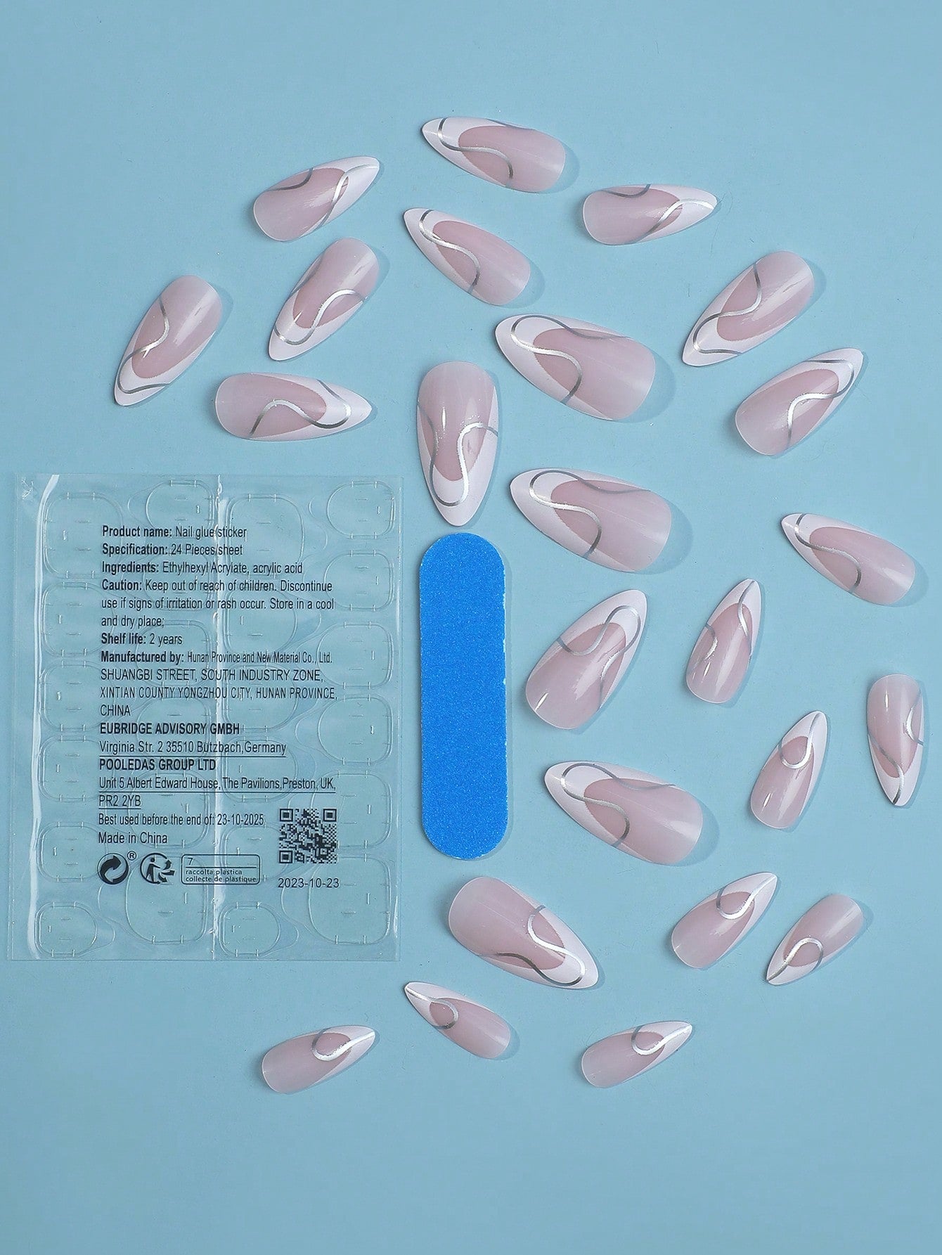 24 Pcs Pink Almond Press on Nails White French Press on Nails Gray Stripe Decoration Cute Press on Nails for Women and Girls