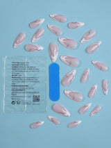 24 Pcs Pink Almond Press on Nails White French Press on Nails Gray Stripe Decoration Cute Press on Nails for Women and Girls