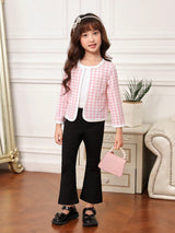 SHEIN Kids FANZEY Young Girl Houndstooth Print Open Front Jacket