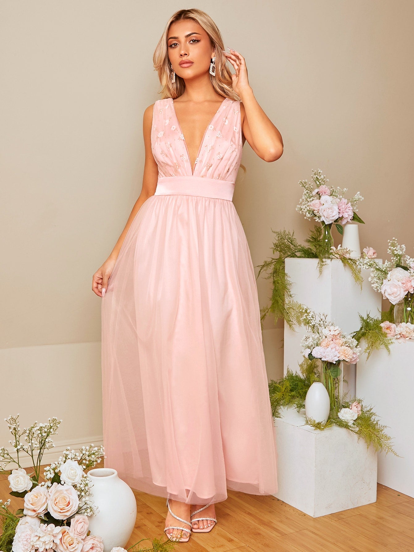 SHEIN Belle Plunging Neck Tie Backless Mesh Overlay Bridesmaid Dress