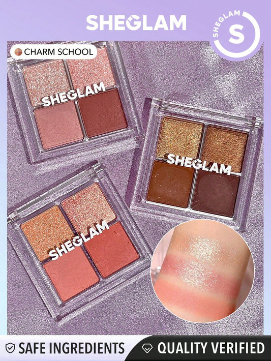SHEGLAM Cosmic Crystal Eyeshadow Quad-Charm School 4-Clolor Matte Glitter Eyeshadow Palette Rose Gold Warm Peach Brown Long Lasting Ultra Pigmented Smooth Blendable Eyeshadow Black Friday Winter Pink Eyeshadow