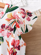 SHEIN Kids Nujoom Young Girl Floral Print Contrast Mesh A-Line Dress