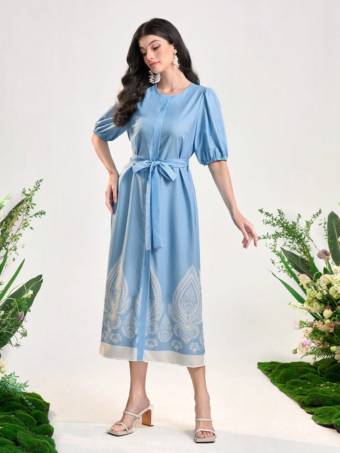 SHEIN Najma Graphic Print Puff Sleeve Belted Dress