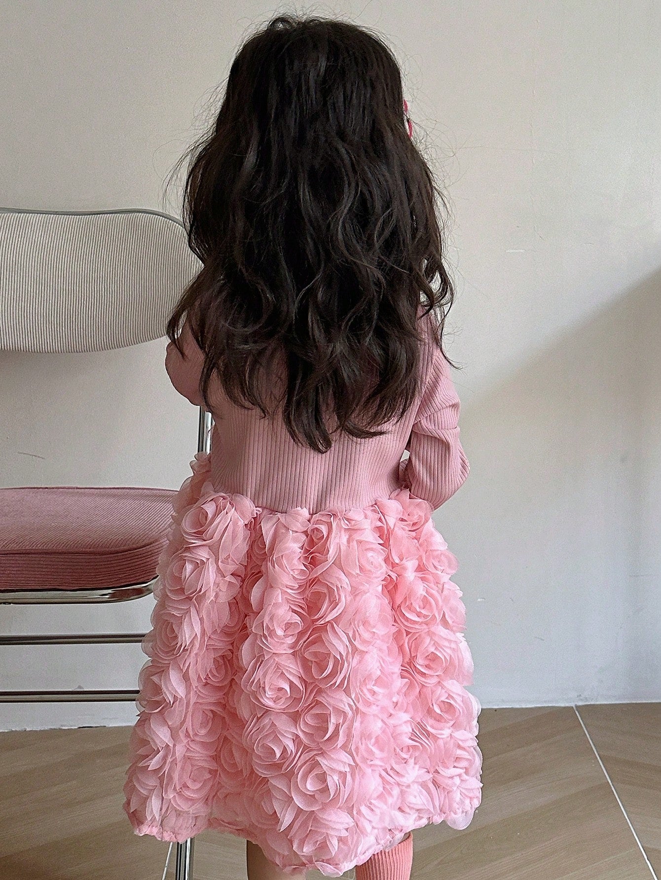 Young Girl'S Long Sleeve Dress with 3D Flower Detail