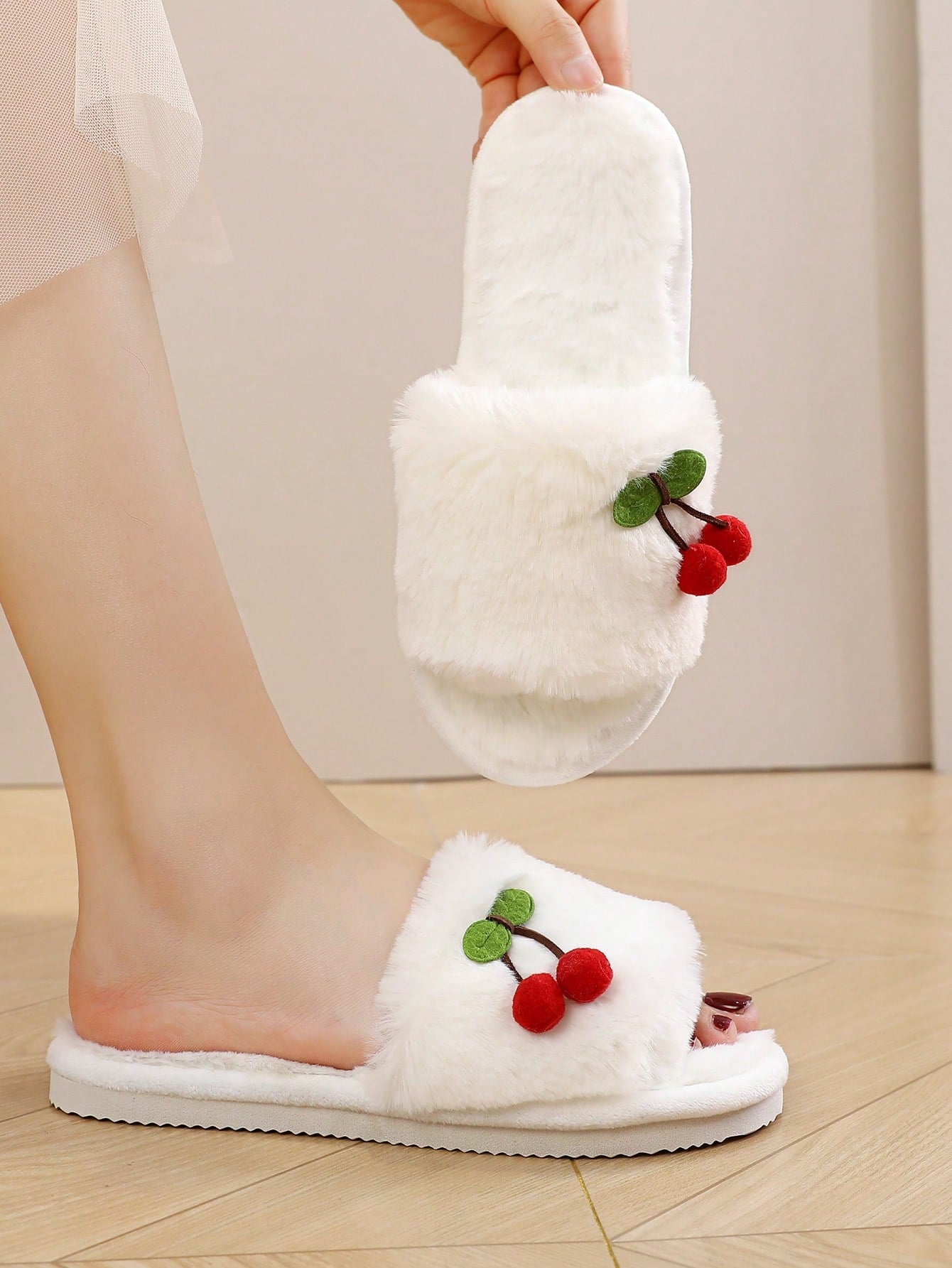 Plush Cherry Embellished White Open Toe Bedroom Slipper