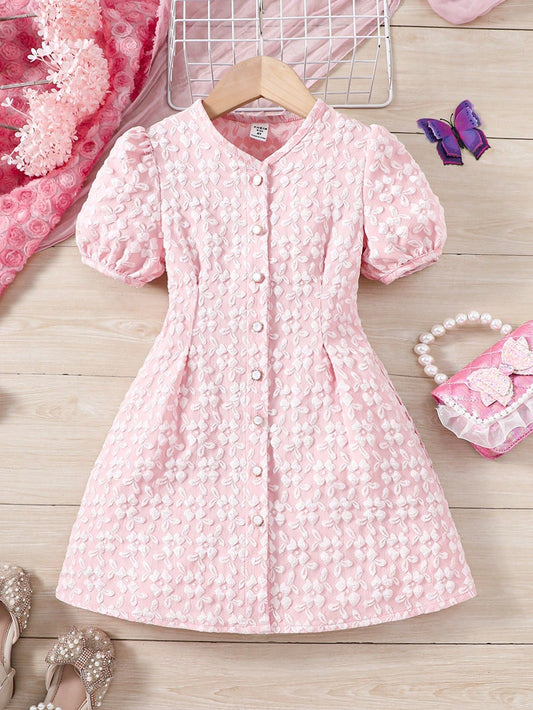 SHEIN Kids FANZEY Little Girls' Ladylike Jacquard Puff Sleeve Dress with Front Button Placket