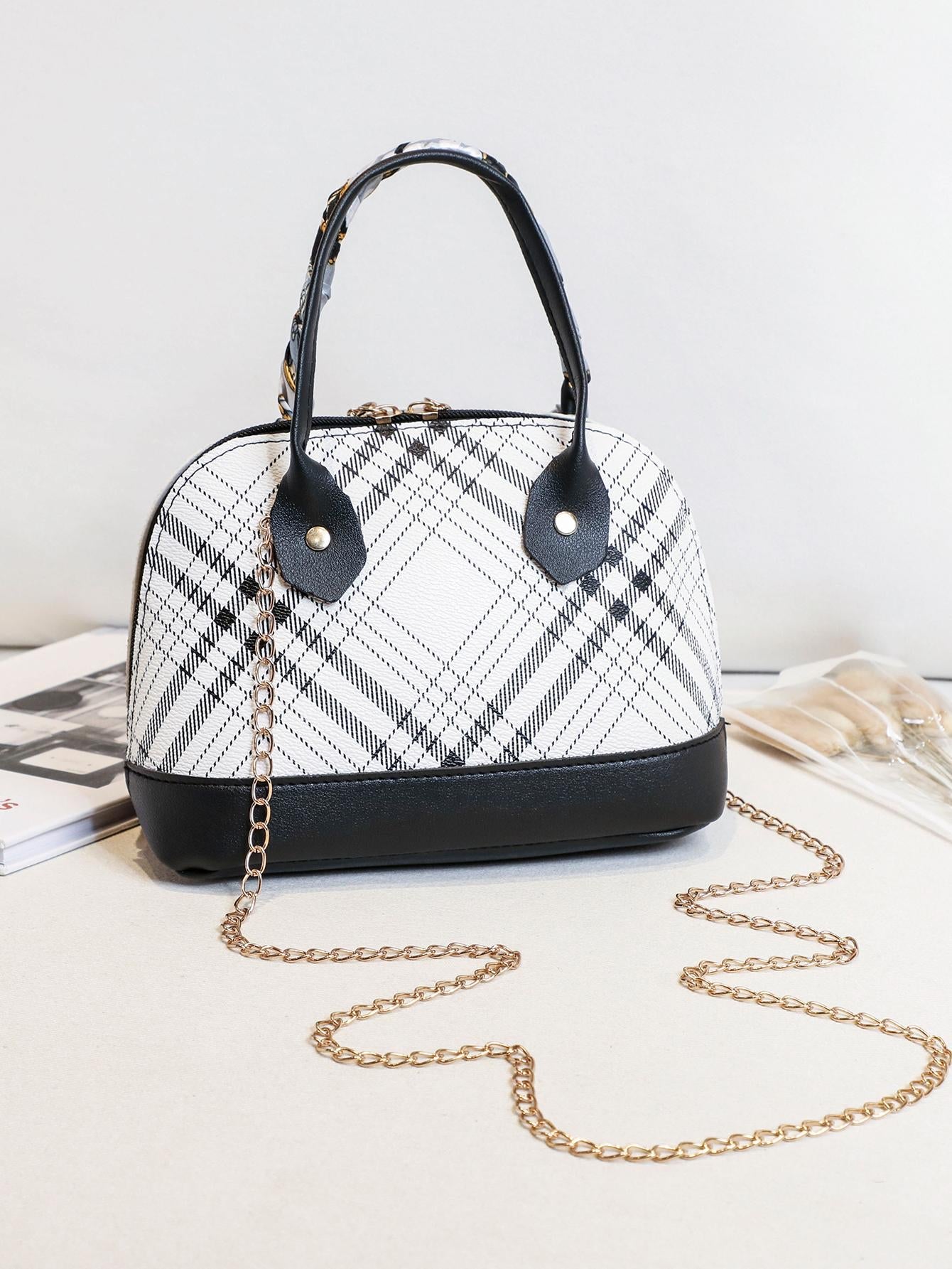 1Pc Mini Metallic Geometric Pattern Handbag with Coffee Silk Scarf and Chain Strap, Can Be Carried by Hand or Cross Body Random Print Zipper Shoulder Bag PU Leather Portable Crossbody Bag Detachable Strap Metal Chain Handbag