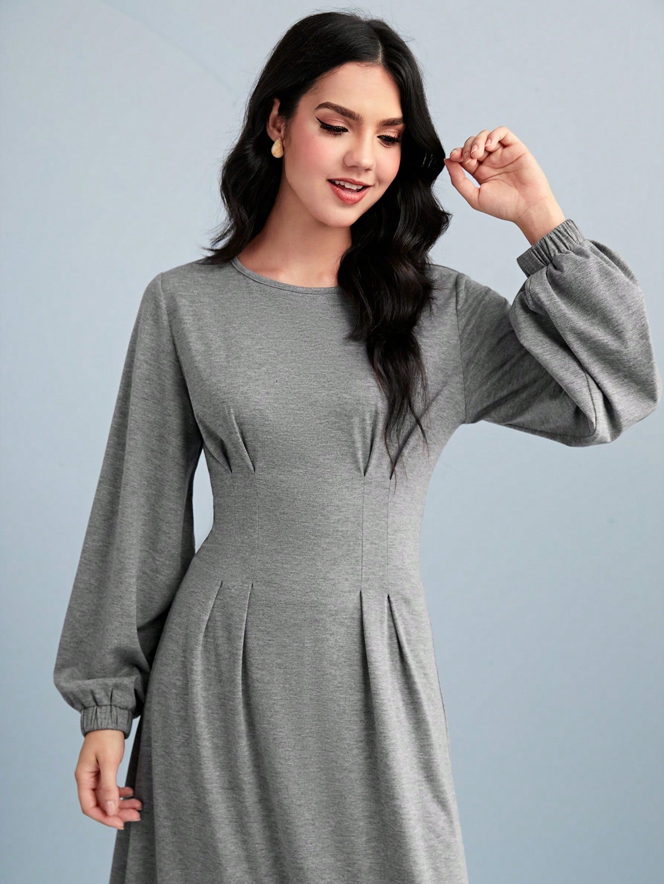 SHEIN Mulvari Letter Patched Detail Lantern Sleeve Fold Pleated Hem Dress