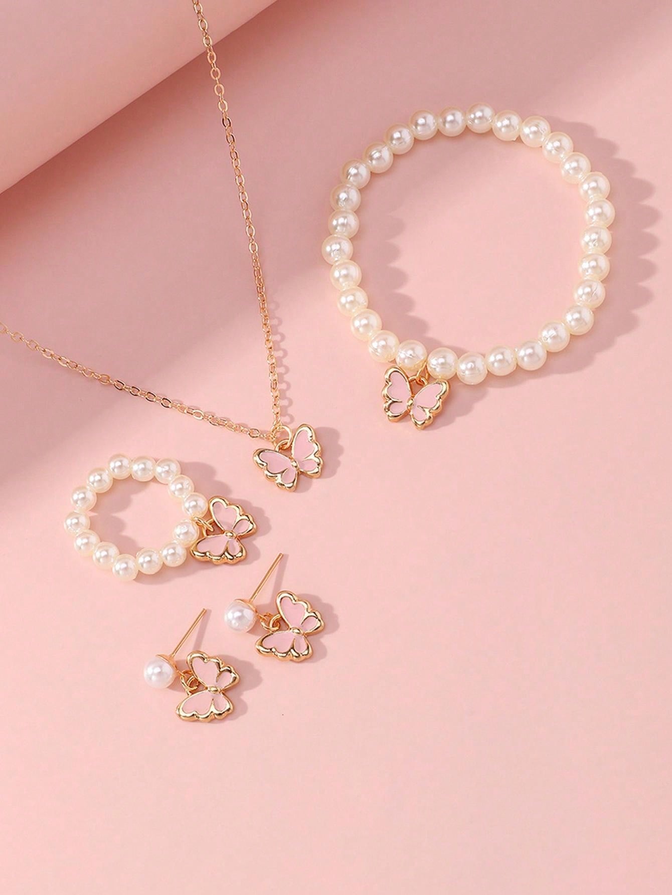 5Pcs/Set Butterfly & Pearl Decor Necklace, Bracelet, Earrings and Ring Set
