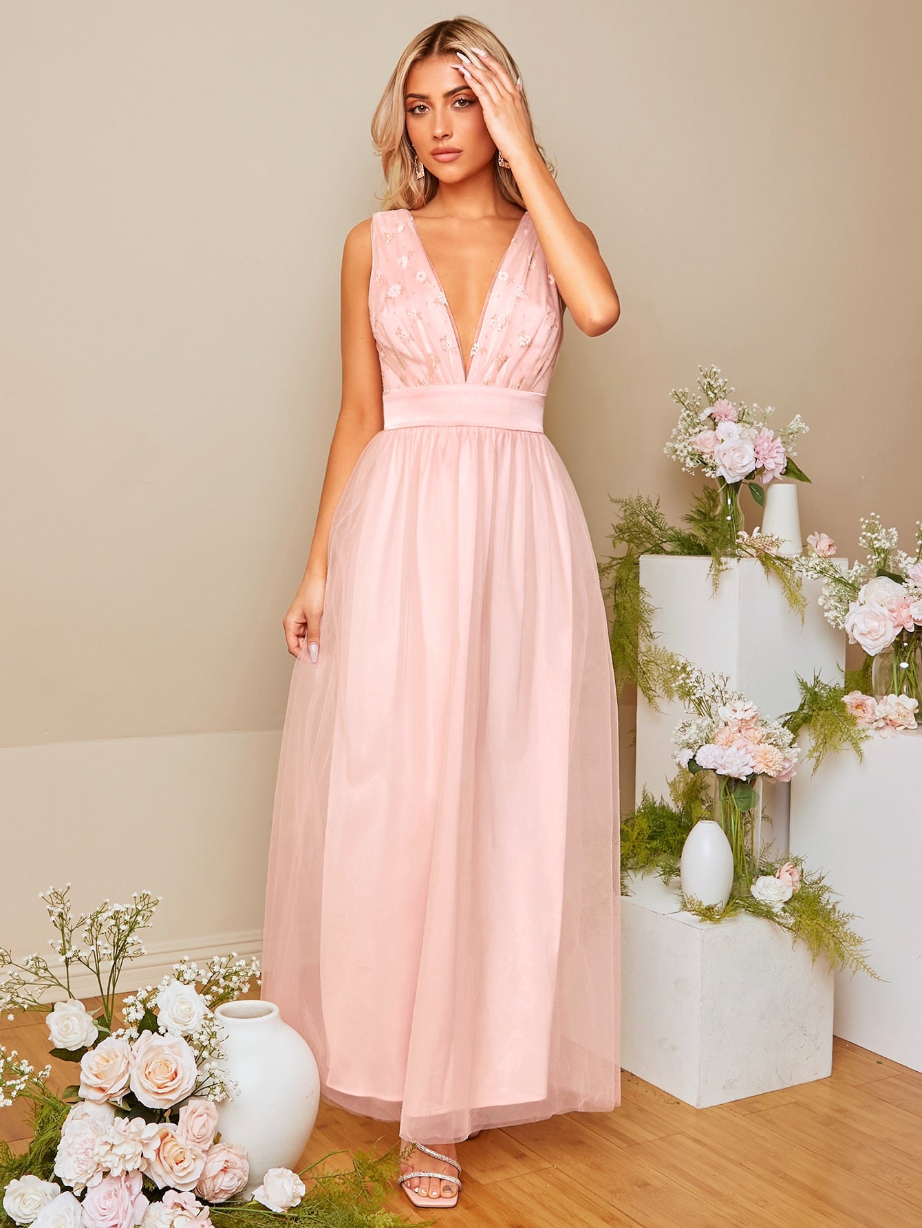SHEIN Belle Plunging Neck Tie Backless Mesh Overlay Bridesmaid Dress