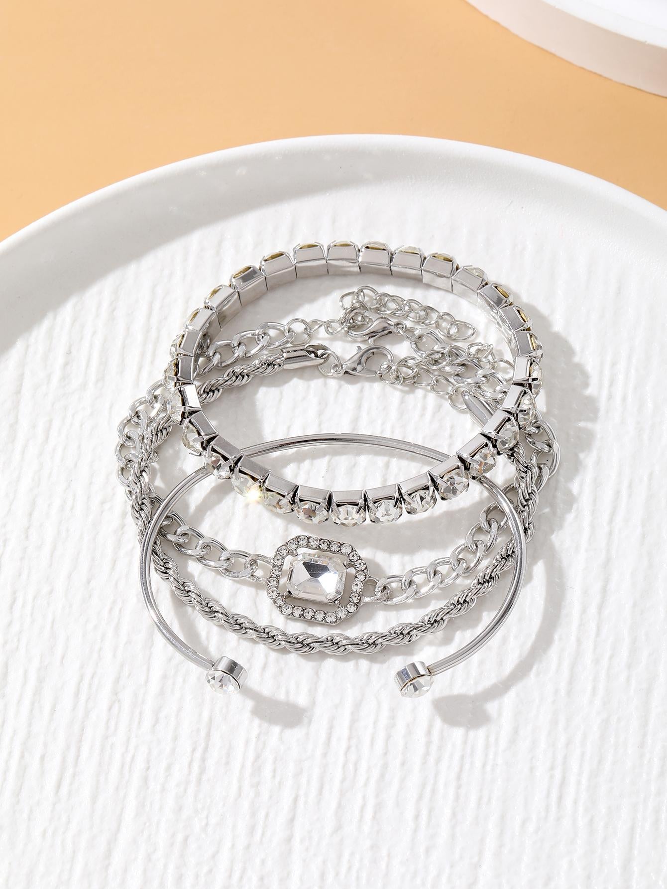 4Pcs/Set Glamorous Zinc Alloy Cubic Zirconia Decor Bracelet for Women for Daily Decoration