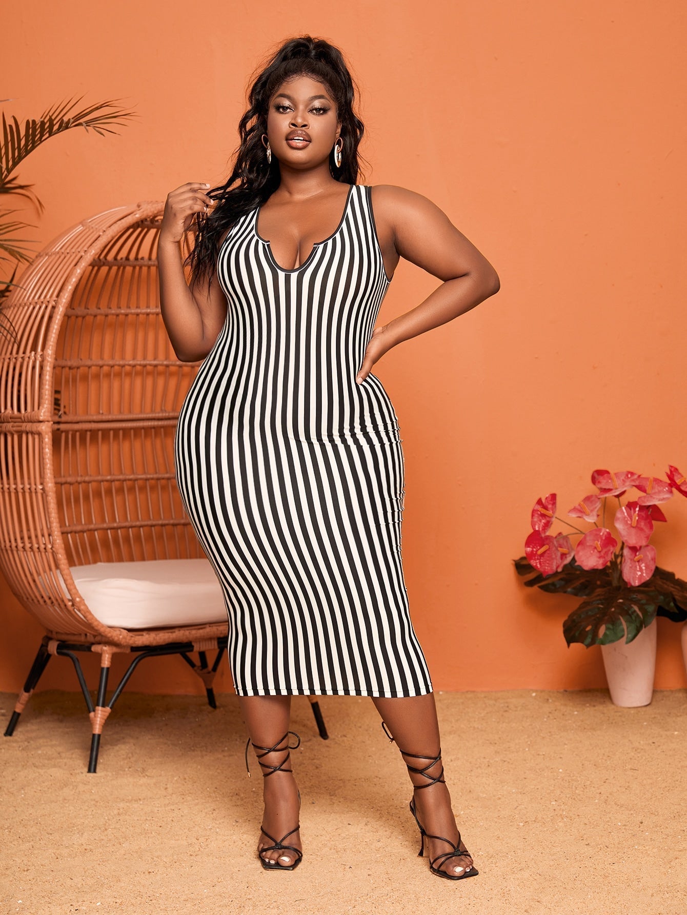 SHEIN plus Vertical Striped Notched Neck Tank Dress