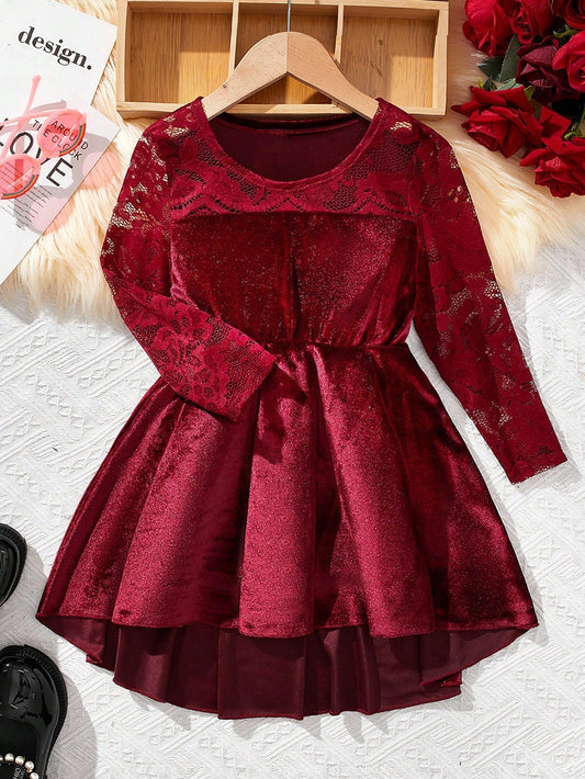 SHEIN Kids EVRYDAY Little Girls' Long Sleeve Irregular Velvet Dress with Lace Patchwork