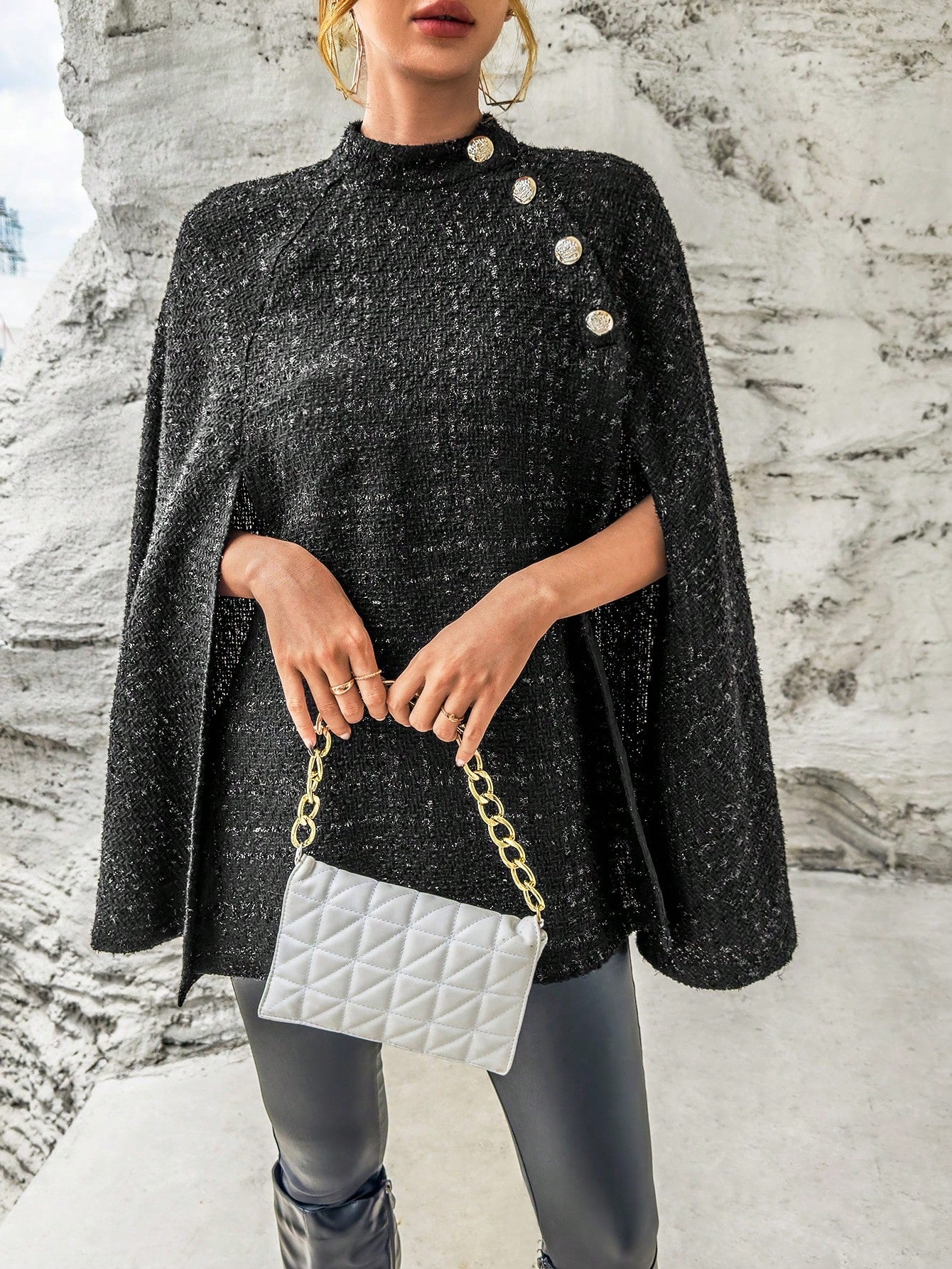 SHEIN Privé Mock Neck Button Detail Cloak Sleeve Glitter Cape Coat