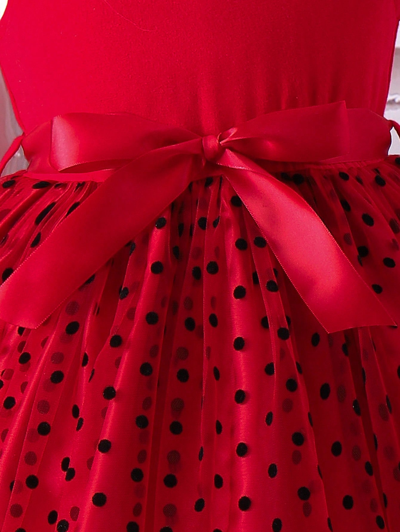 SHEIN Kids EVRYDAY Little Girls' Polka Dot Mesh Flying Sleeve Dress with Belt for Spring