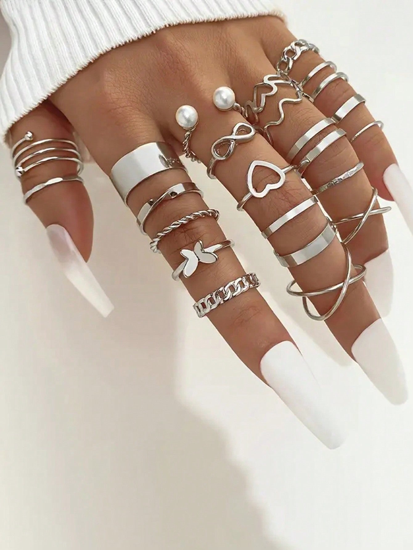22-Piece Set of Love Butterfly Figure Eight Spiral Cross Imitation Pearl Ring Set for Ladies Date Holiday Gift
