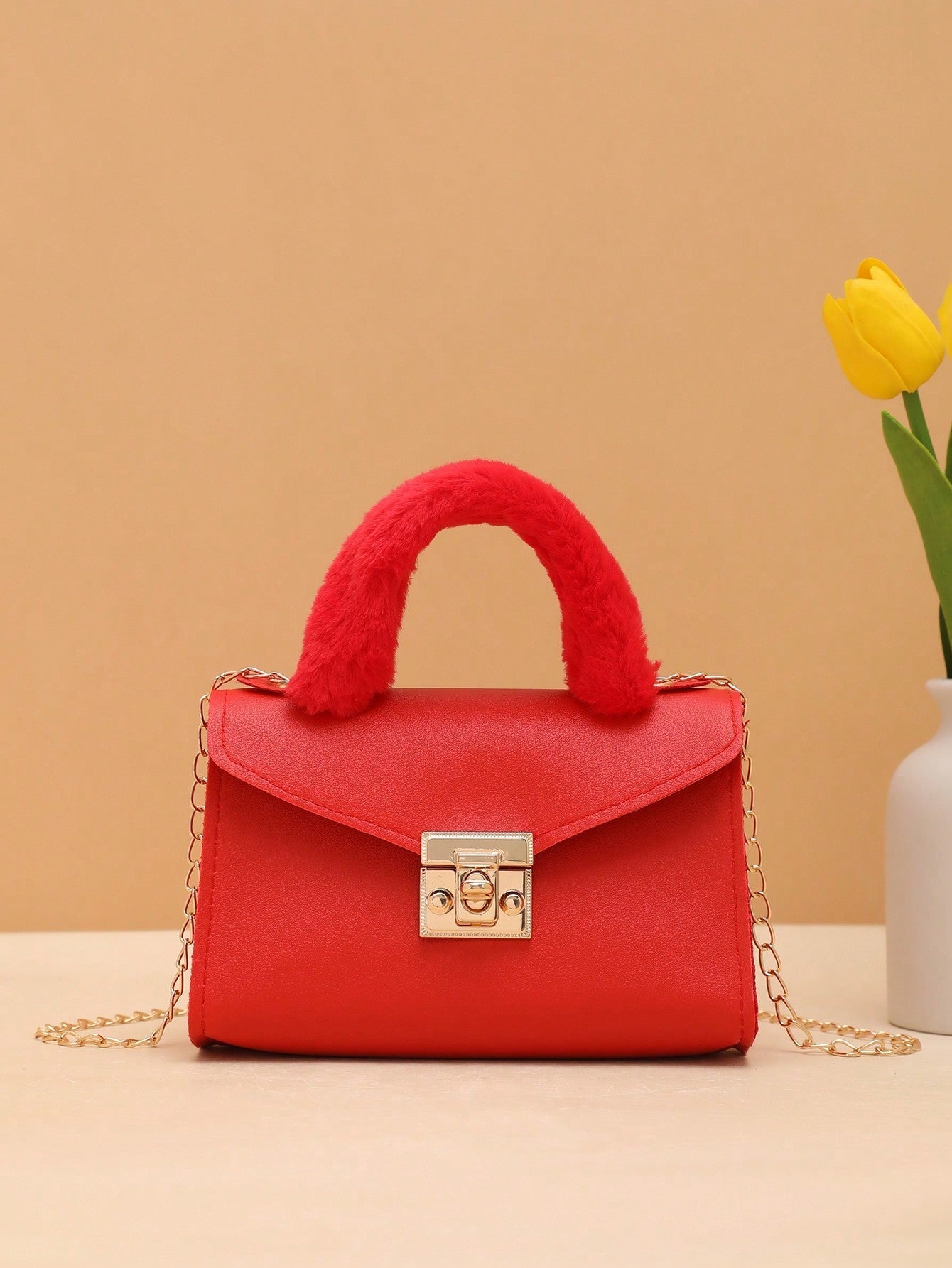 Chain Furry Clutch Bag with Wrist Strap