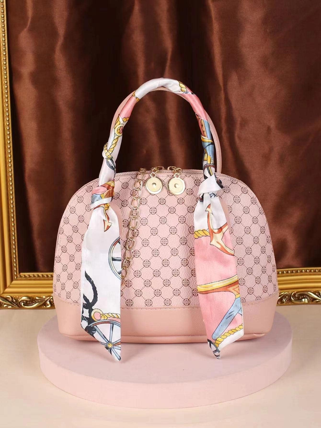 1Pc Mini Minimalist Geometric Pattern Coffee Scarf Handle Chain Crossbody Shell Bag