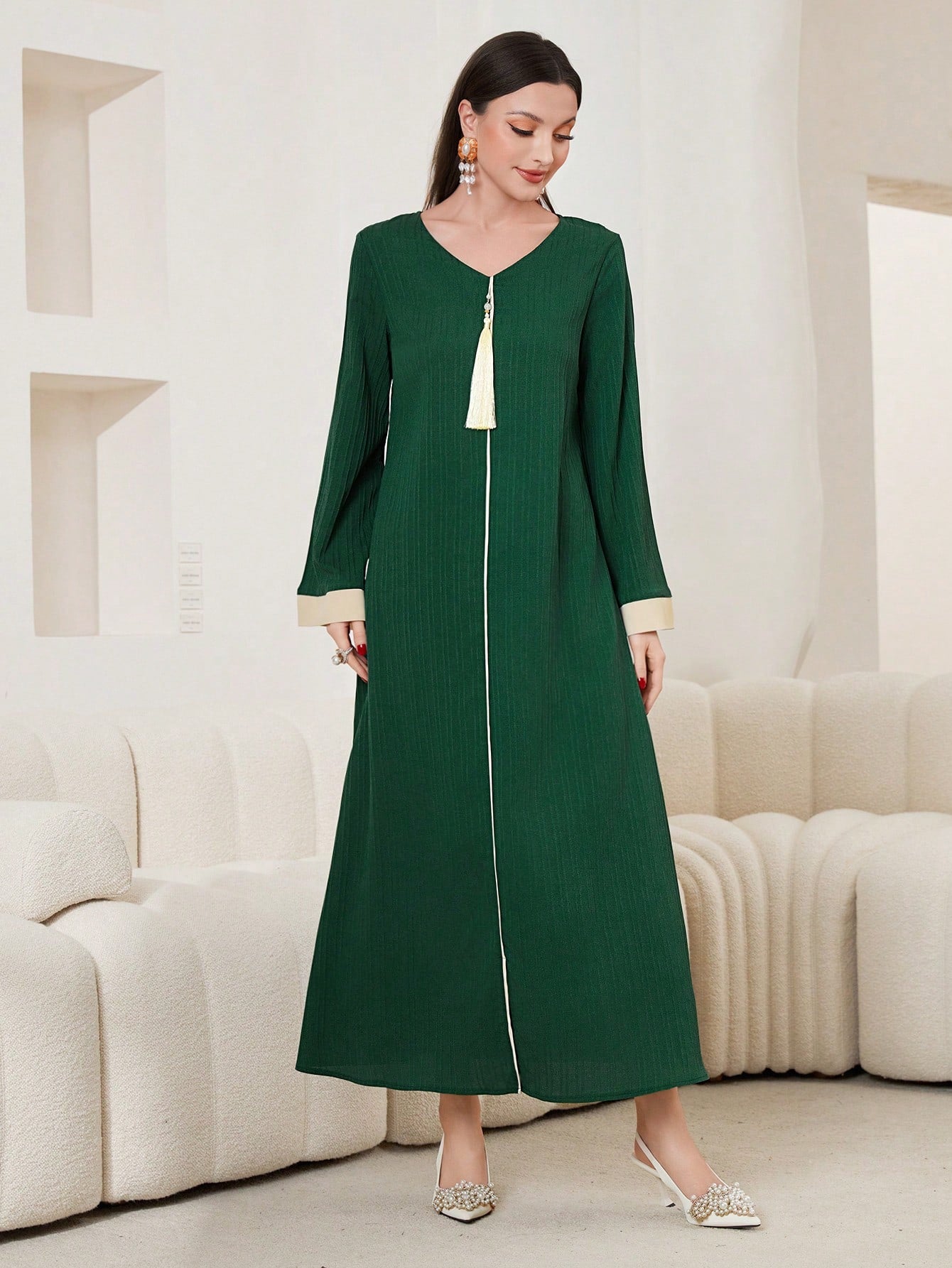 SHEIN Najma Green V-Neck Contrast Binding Dress