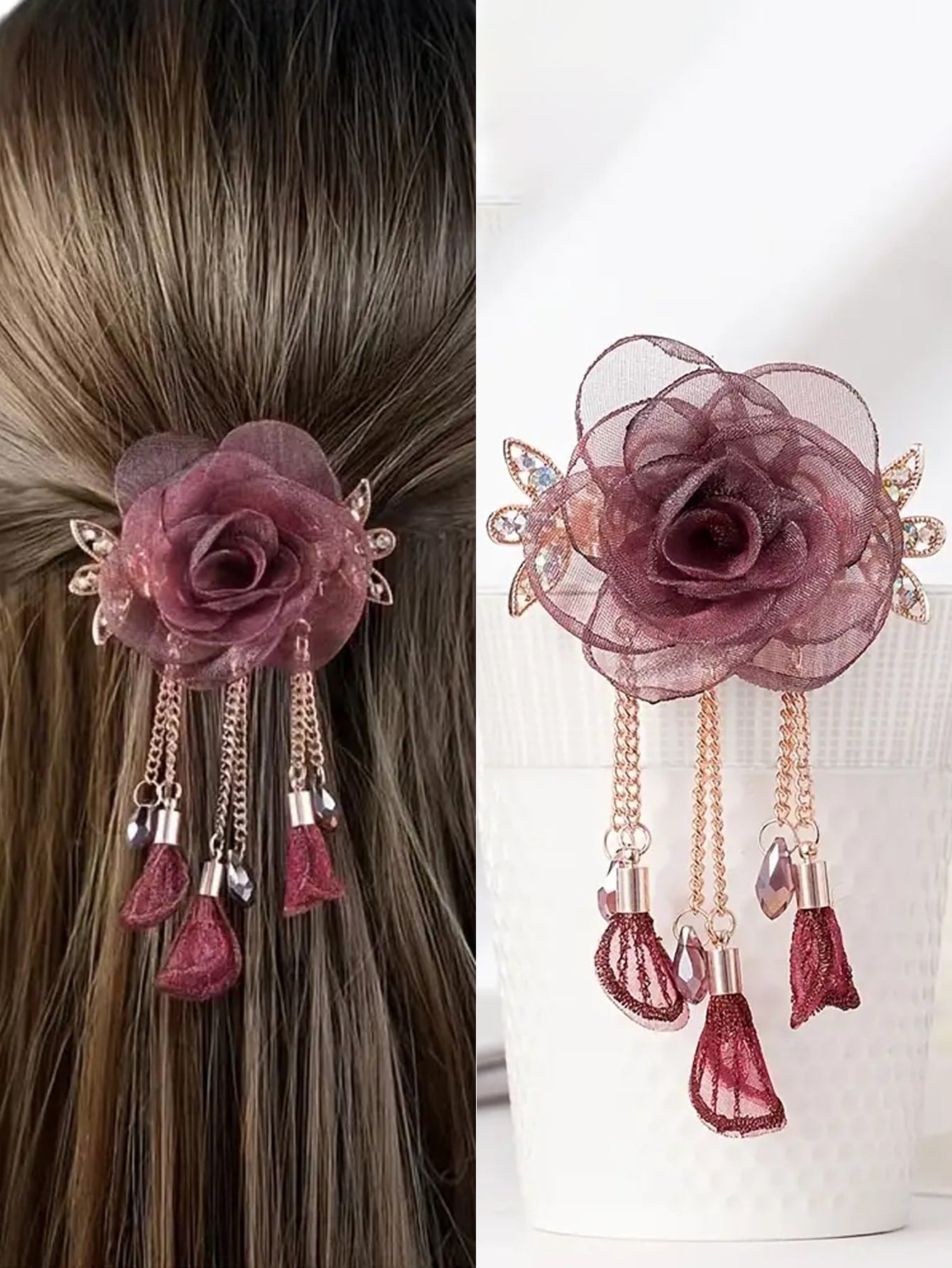 1Pc Elegant Mesh & Fabric Rose Flower Hair Clip for Women, Hair Accessory for Party and Gathering