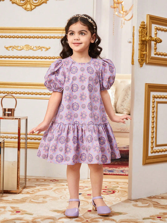 SHEIN Young Girl'S Loose Fit Glamorous Exclusive round Neck Puff Sleeve Midi Dress