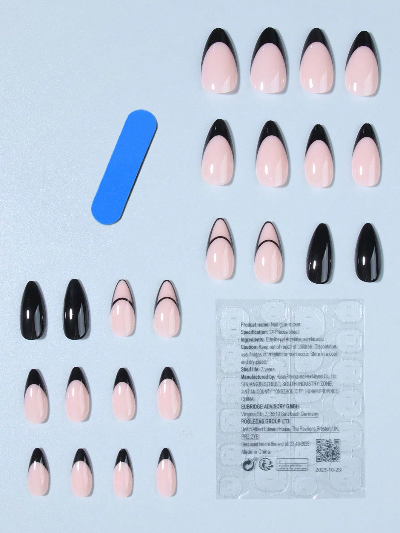 Elevate Your Style With,24Pcs Long Almond Black French Design Fake Nail Set,Contain 1Pcs Jelly Glue and 1Pcs Nail File, for Daily Wear by Women and Girls