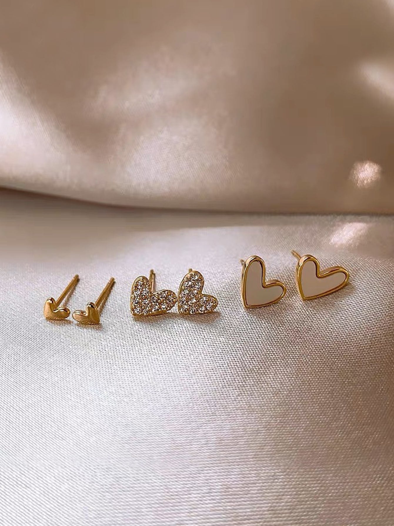 3Pairs/Set Fashionable Simple Delicate Heart Shape Rhinestone Decor Women'S Stud Earrings