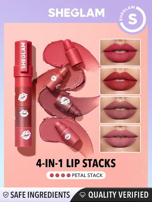 SHEGLAM Mega Lip Stacks-Pink-Petal Stack 4 in 1 Creamy-Matte Red Lipstick Kit High Pigment Non-Drying Portable Travel Lipstick Lip Makeup Hot Pink Black Friday Lipstick