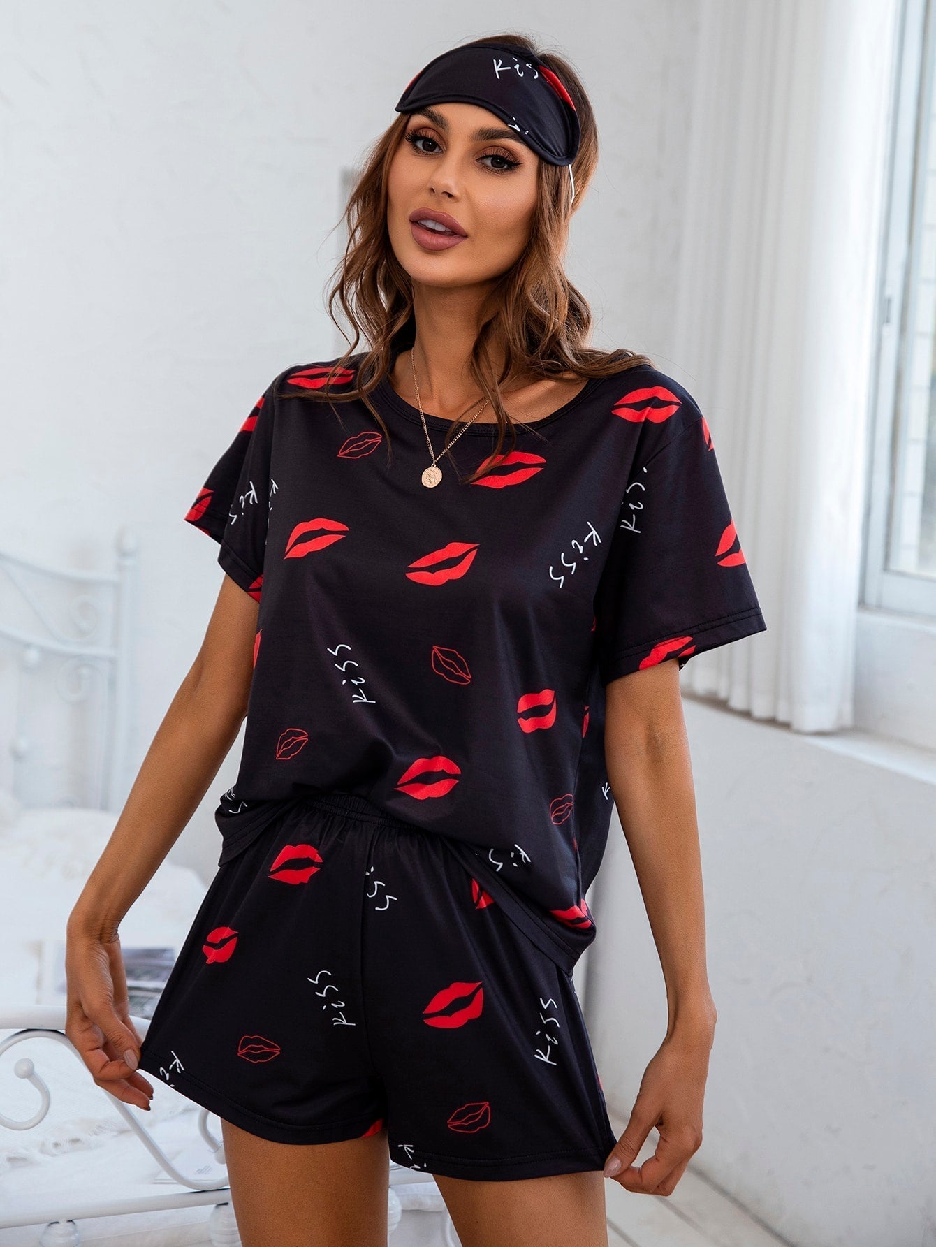 Letter & Lip Print PJ Set with Eye Cover