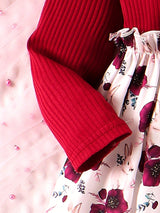 SHEIN Kids Qtfun Little Girl'S Spring and Autumn Daily Casual Vacation Cute Flower Print round Neck Long-Sleeved Dress and Hair Tie