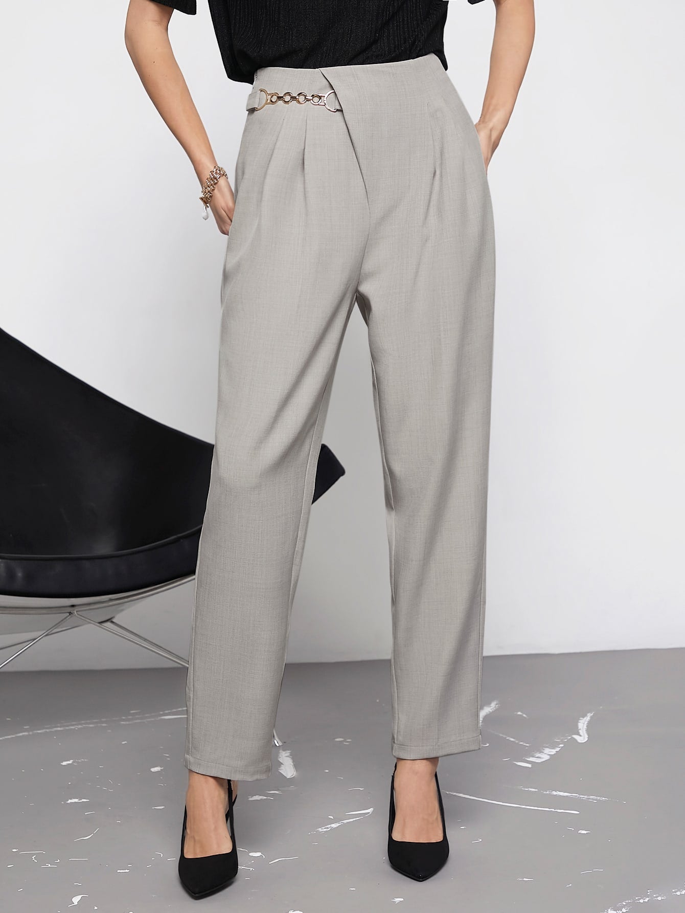 SHEIN Maija High Waist Chain Detail Pants Workwear