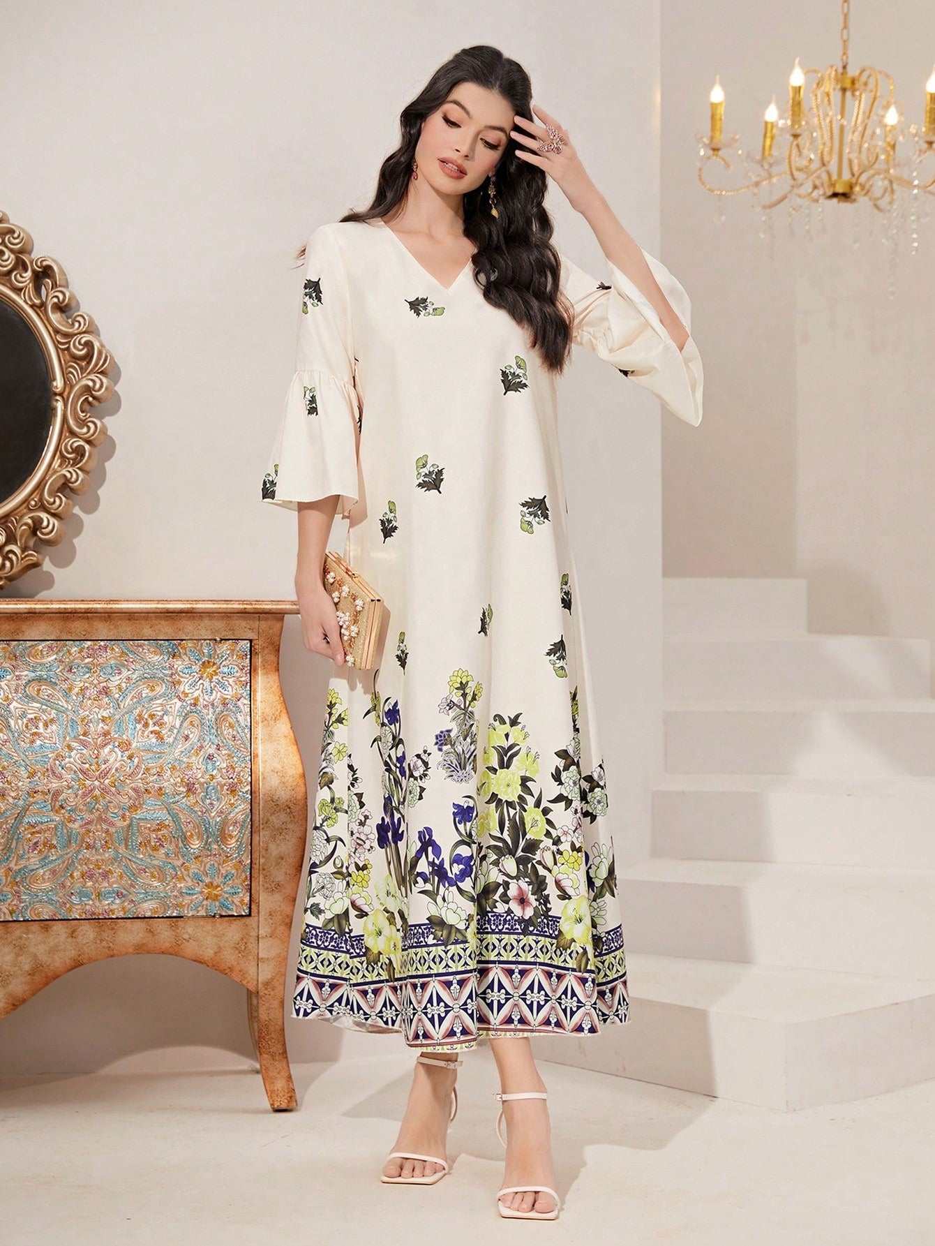 SHEIN Najma Floral Print Flounce Sleeve Dress