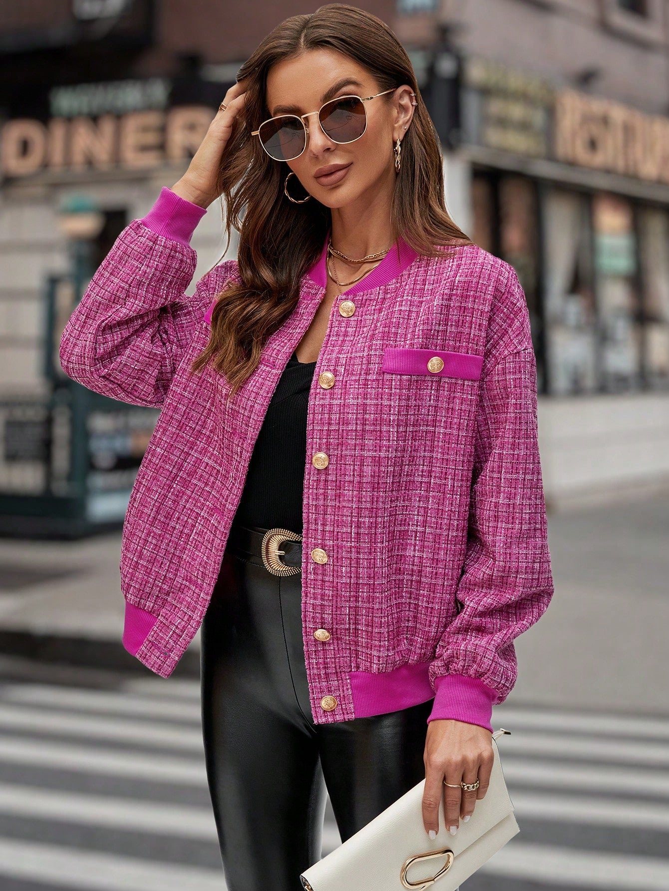 SHEIN LUNE Plaid Pattern Drop Shoulder Tweed Overcoat