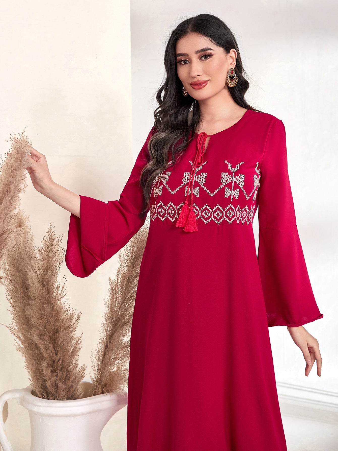 SHEIN Najma Floral Pattern Trumpet Sleeve Tunic Dress