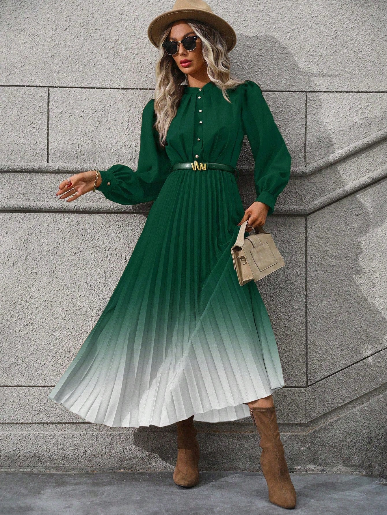 Ombre Lantern Sleeve Dress without Belt