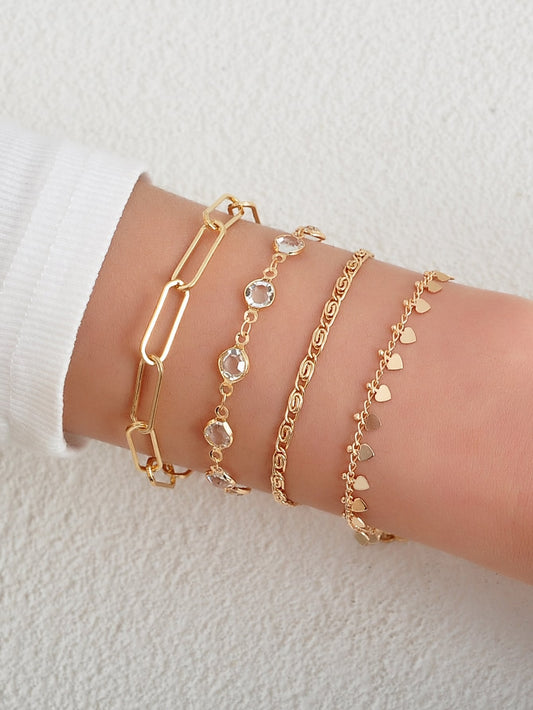 4Pcs Heart & Rhinestone Decor Bracelet Copper Jewelry