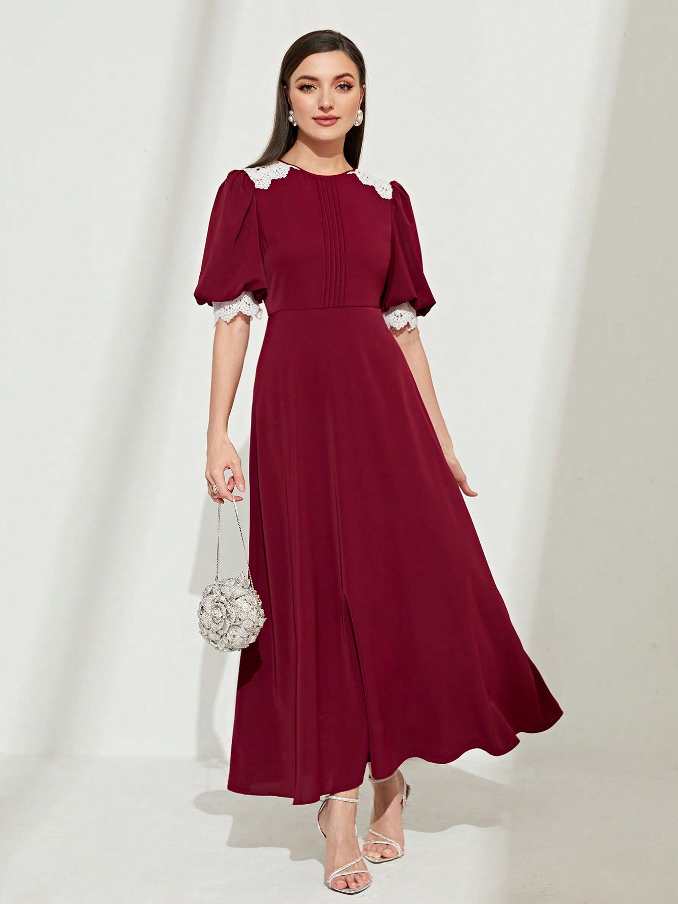 SHEIN Modely Contrast Lace Puff Sleeve A-Line Dress