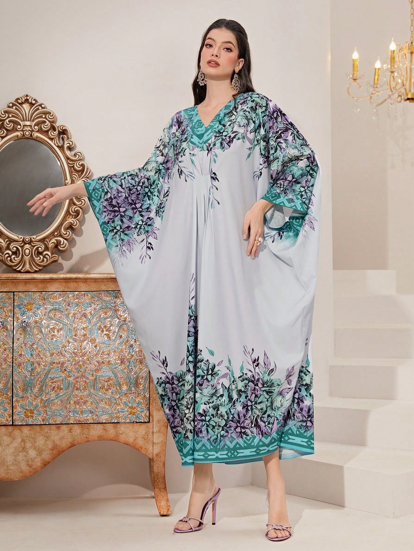SHEIN Najma Floral Print Batwing Sleeve Kaftan