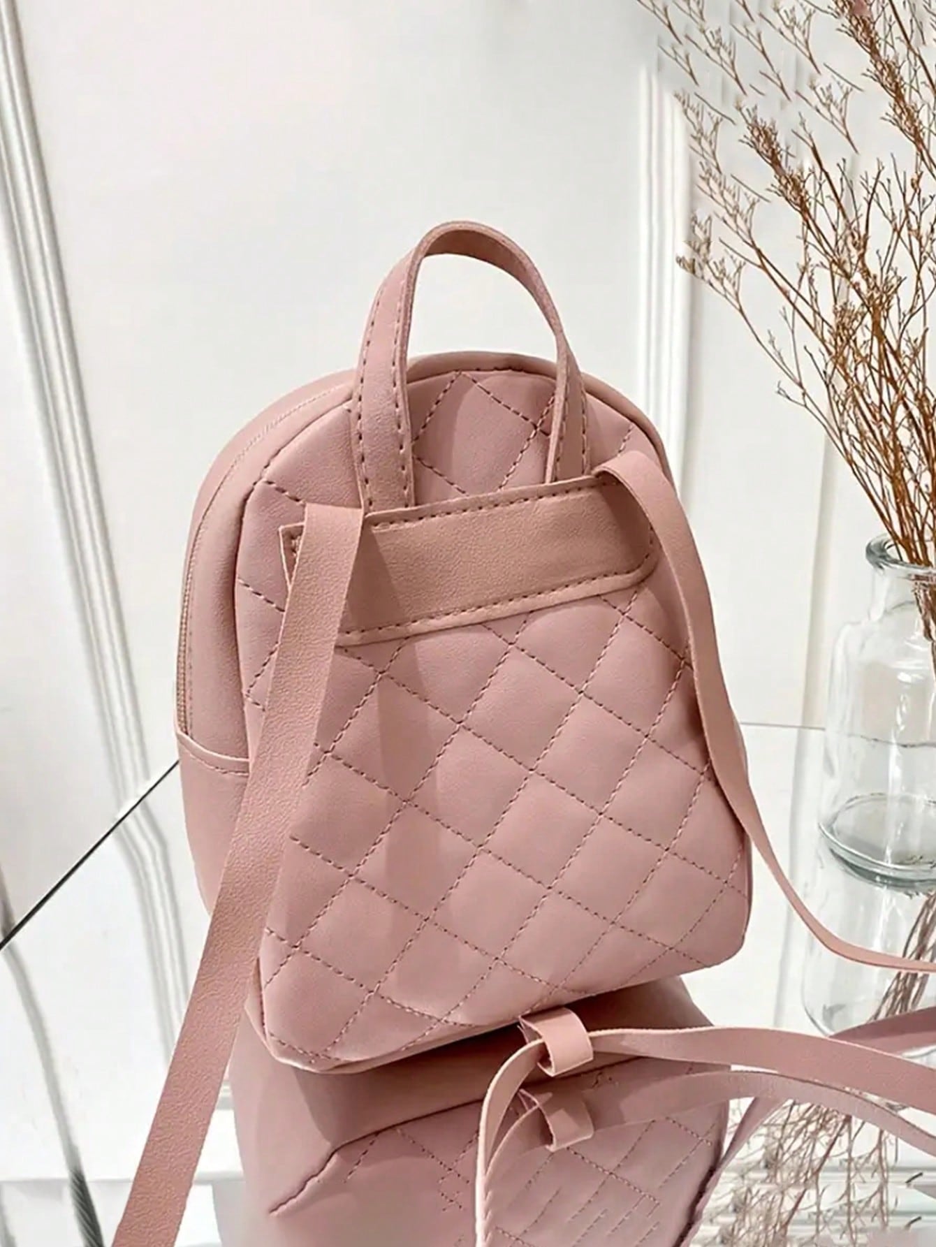 Quilted Classic Backpack Baby Pink Metal Decor Adjustable Strap for Daily