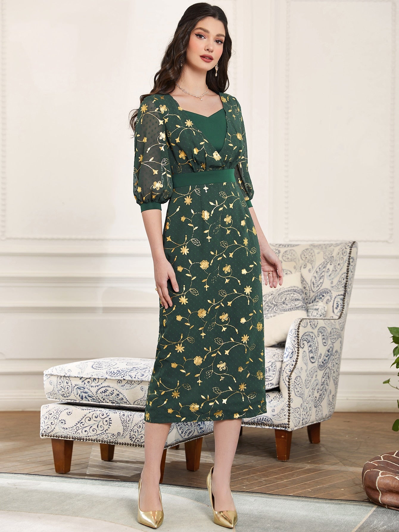SHEIN Najma Floral Print Lantern Sleeve Split Back Dress