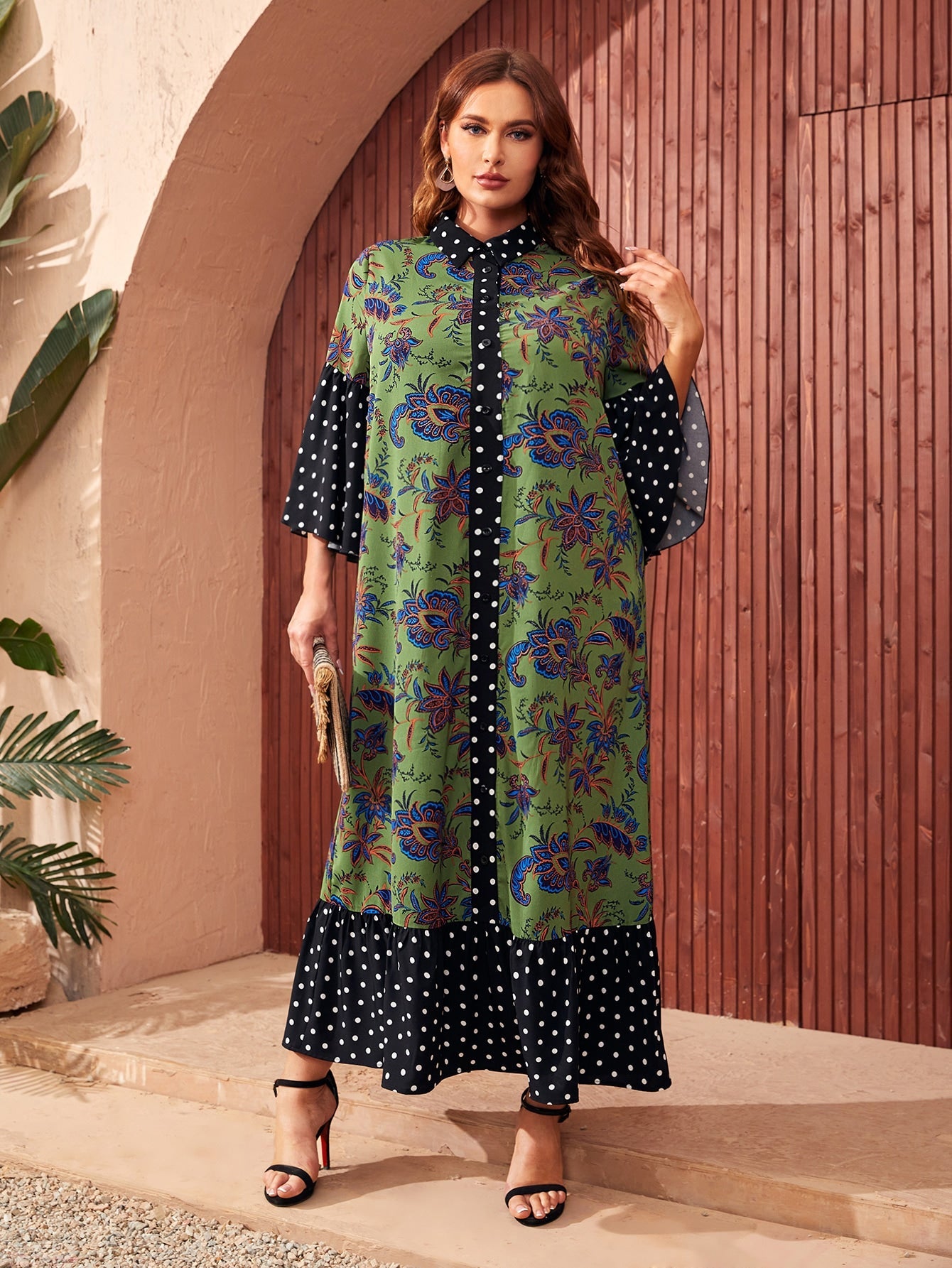 SHEIN Mulvari plus Paisley & Polka Dot Print Ruffle Hem Button Front Dress