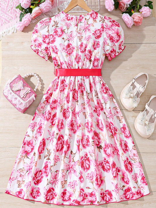 SHEIN Kids FANZEY Girls' Romantic Floral Print Dress with Waist Belt, for Tween