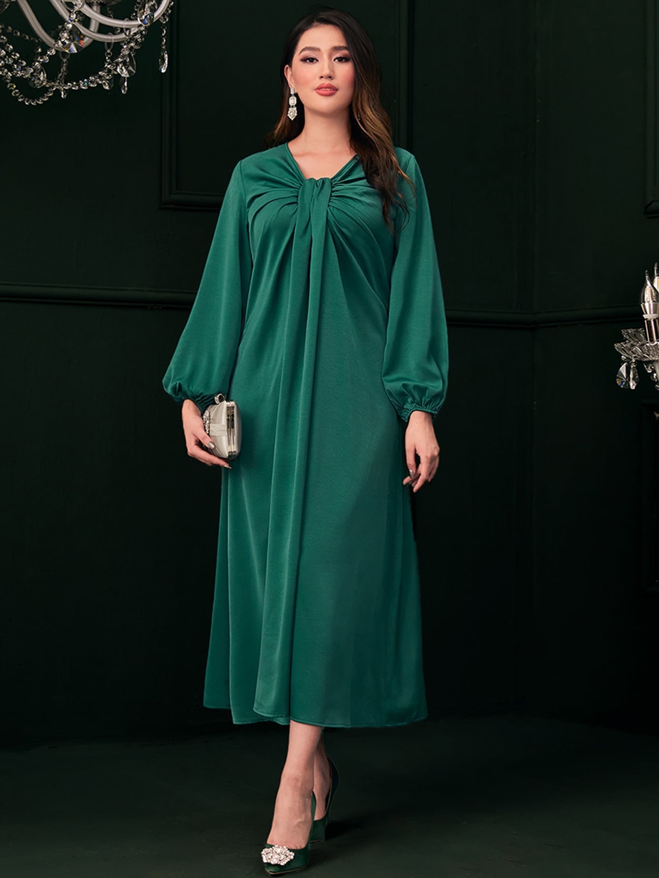 SHEIN Modely Ruched Lantern Sleeve Dress