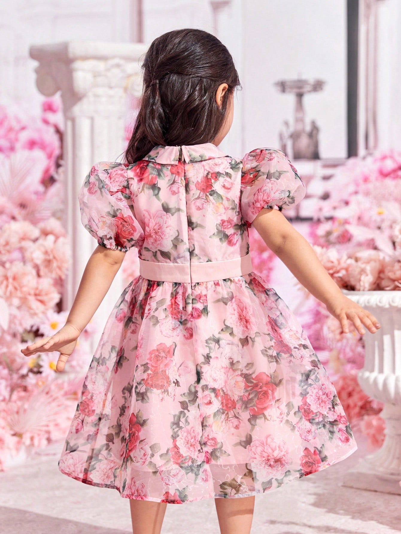 SHEIN Young Girls 1Pc Floral Print Puff Sleeve Party Dress