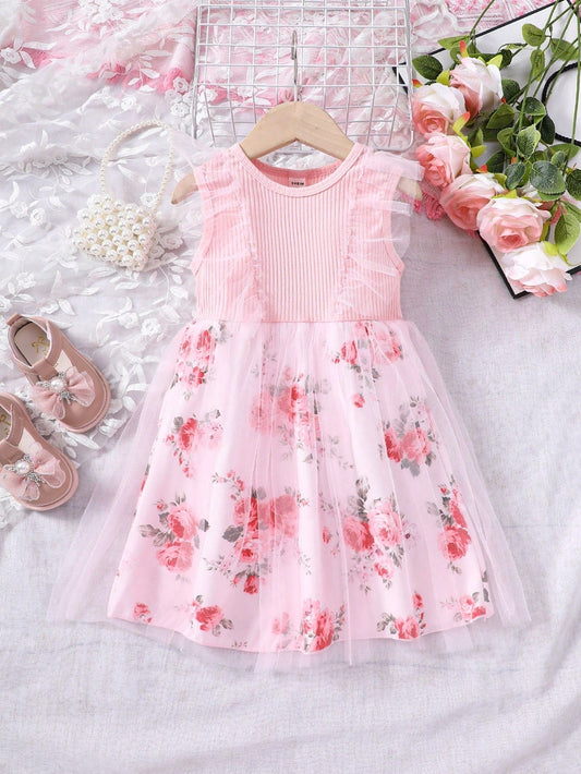 SHEIN Kids CHARMNG Little Girls' Princess Style Sweet Elegant Rose Floral Mesh Dress for Casual and Fashion