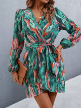 Allover Print Lantern Sleeve Belted Wrap Hem Dress