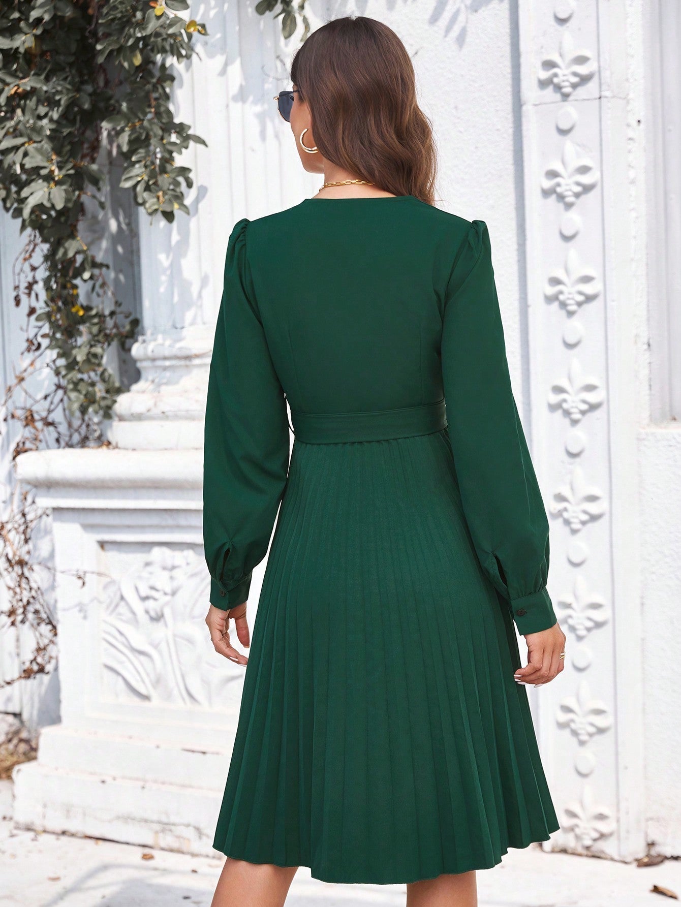 Puff Sleeve Self Belted Pleated Dress