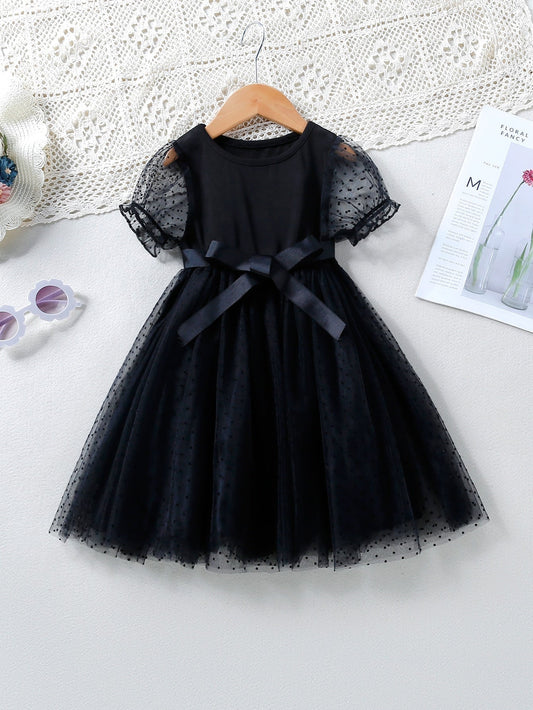 SHEIN Kids CHARMNG Young Girl Dobby Mesh Overlay Puff Sleeve Belted Dress